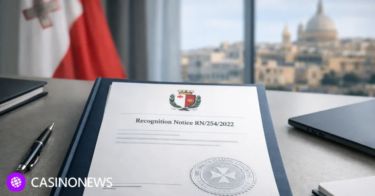 Malta Gaming Authority recognition notice document on a desk, symbolizing REEVO’s B2B licensing approval