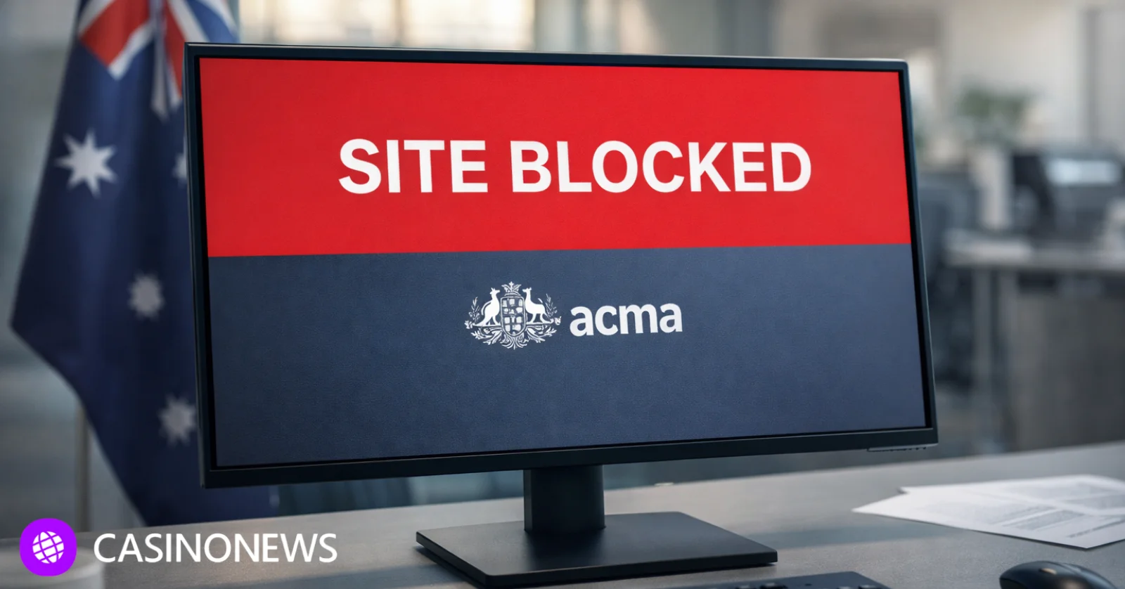 Computer monitor showing a site blocked notice in an office, representing ACMA’s ISP blocks on illegal gambling sites in Australia