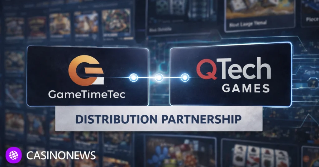 GameTimeTec and QTech Games logos connected on a screen.