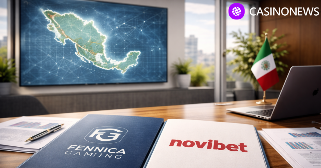 Modern office desk with Mexico map display symbolizing Fennica Gaming’s content partnership with Novibet