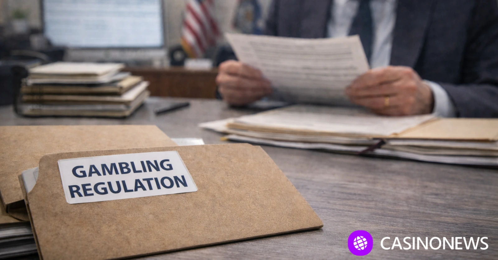 Folder labeled “Gambling Regulation” on desk in a state office