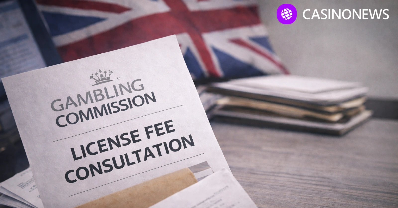 UK Gambling Commission license fee consultation document on desk with blurred Union Jack in background