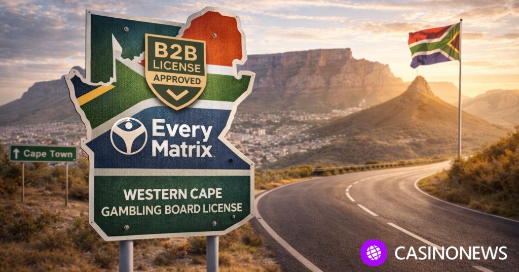 Roadside sign shaped like South Africa with Western Cape gambling licence concept and Cape Town skyline in background