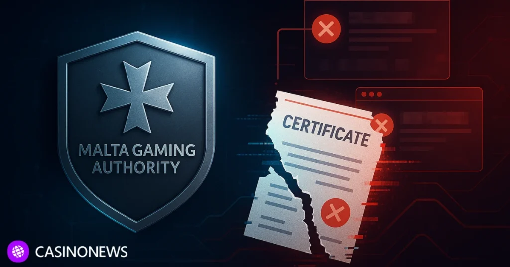 Malta Gaming Authority emblem beside a torn fake certificate and red warning symbols, representing action against unlicensed gambling sites.