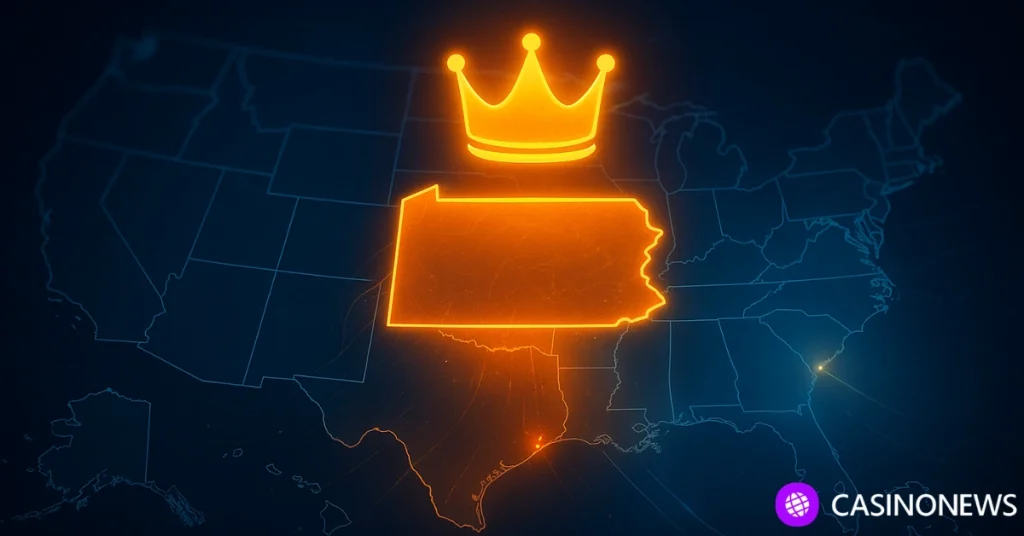 Glowing map of the United States highlighting Pennsylvania with a crown symbol, representing its rise as America’s leading iGaming market.