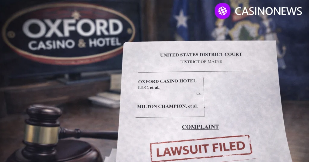 Federal court complaint on desk with Maine flag blurred in background about Oxford Casino challenge to tribal-only iGaming law