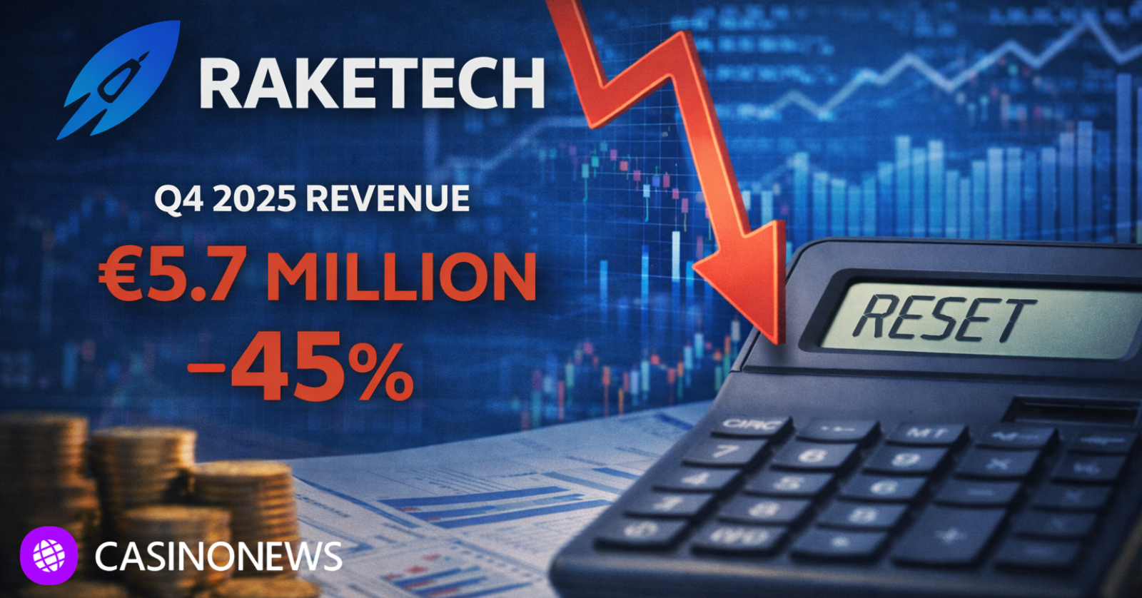 Editorial financial image illustrating Raketech’s Q4 2025 revenue decline following the Casumba divestment
