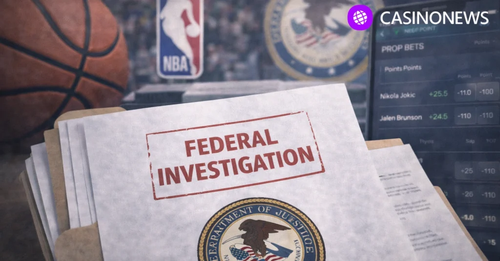 Federal investigation file folder with basketball and smartphone showing player prop betting screen in background