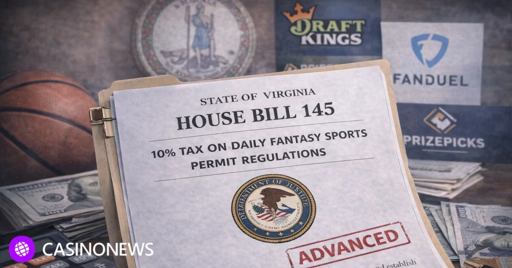 Virginia House Bill 145 document on desk with tax calculator and DFS operator logo cards in the background