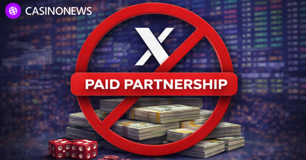 X logo inside a red prohibition symbol in front of blurred financial data screens, representing a ban on paid gambling partnerships.