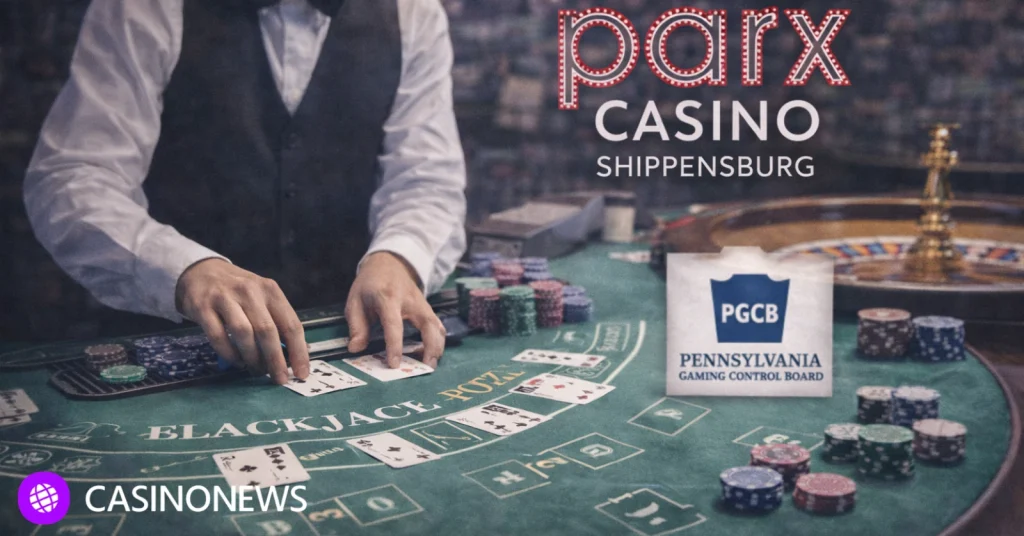 Live dealer dealing cards at Parx Casino Shippensburg table game setup with chips on felt and casino branding in background