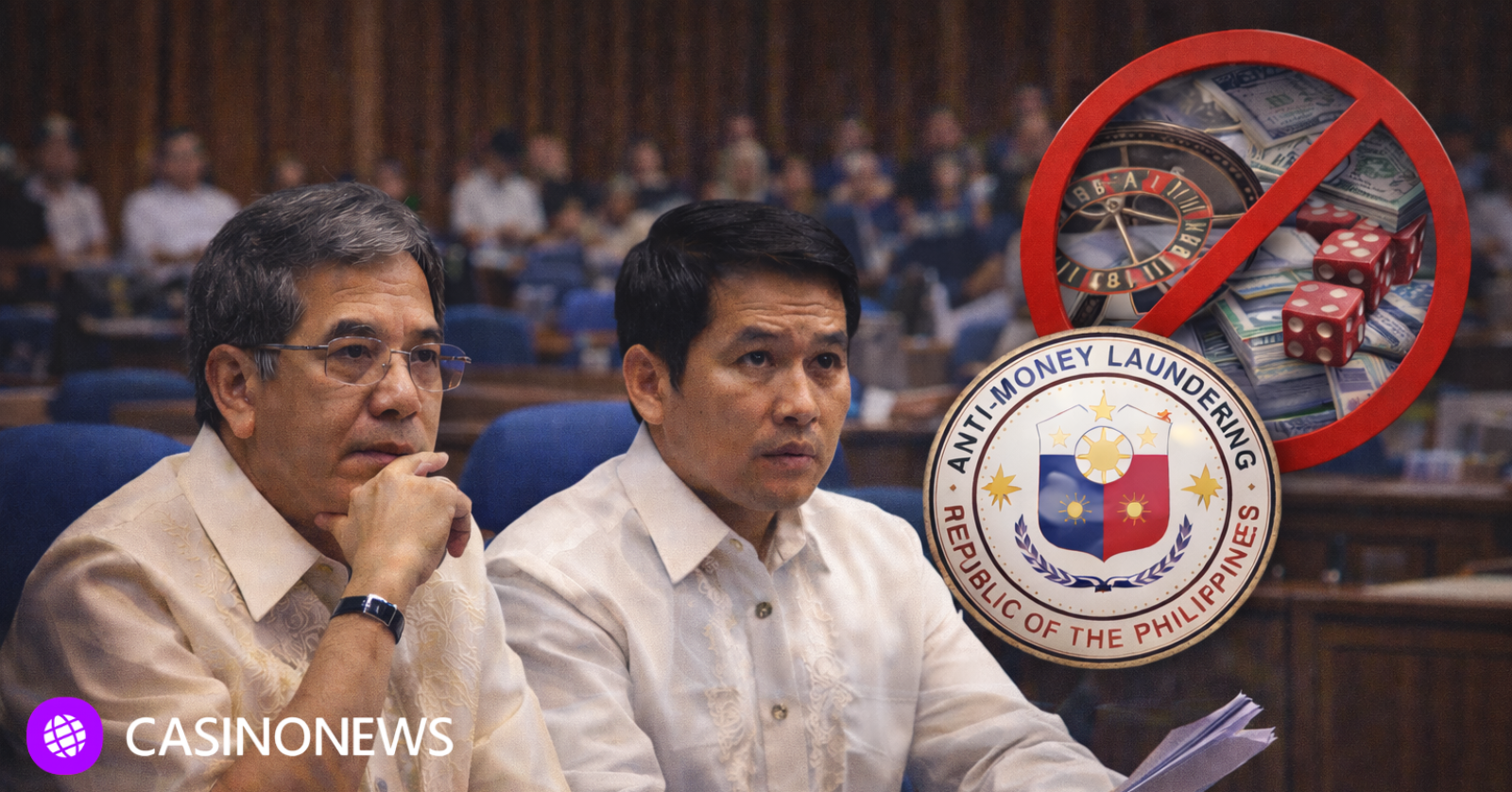 Filipino lawmakers seated in a legislative chamber during a policy discussion, representing debate over online gambling and AML concerns.