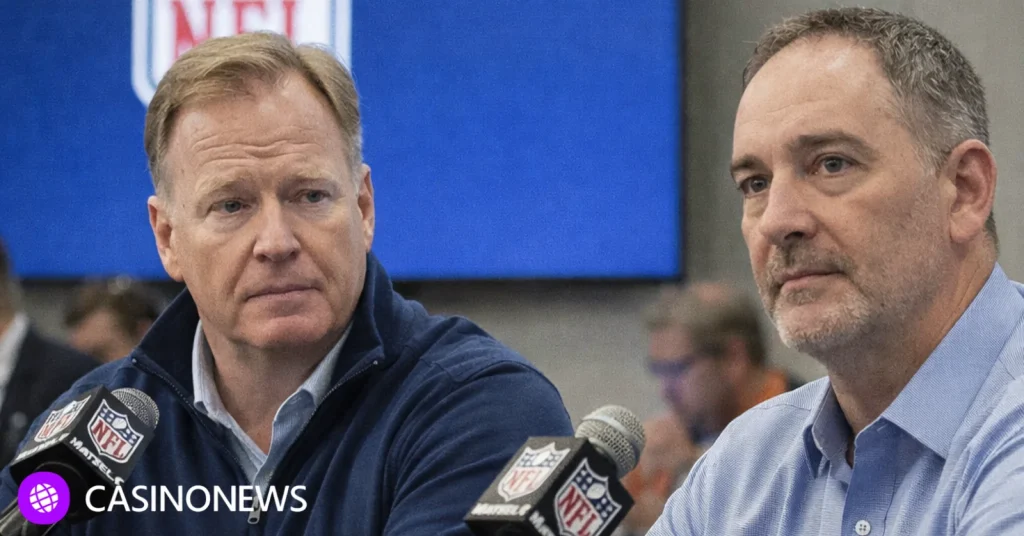 Two NFL executives speak at a press conference with microphones and the NFL logo visible behind them.