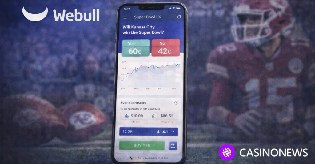 Webull logo beside smartphone showing Super Bowl event contract trading screen with blurred football player in background