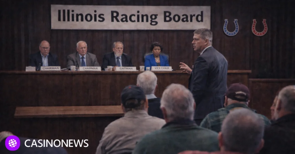 Illinois Racing Board meeting with commissioners seated at dais while a speaker addresses the panel in a wood-paneled hearing room