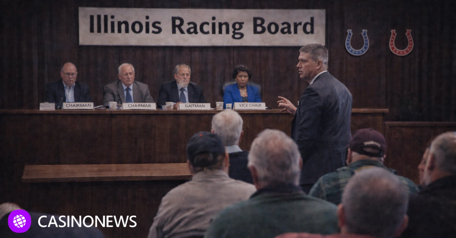 Illinois Racing Board meeting with commissioners seated at dais while a speaker addresses the panel in a wood-paneled hearing room