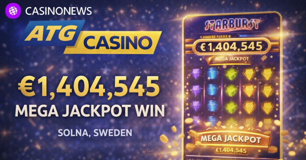 ATG Casino graphic showing €1.4 million Mega Jackpot win on Starburst with slot interface and jackpot amount