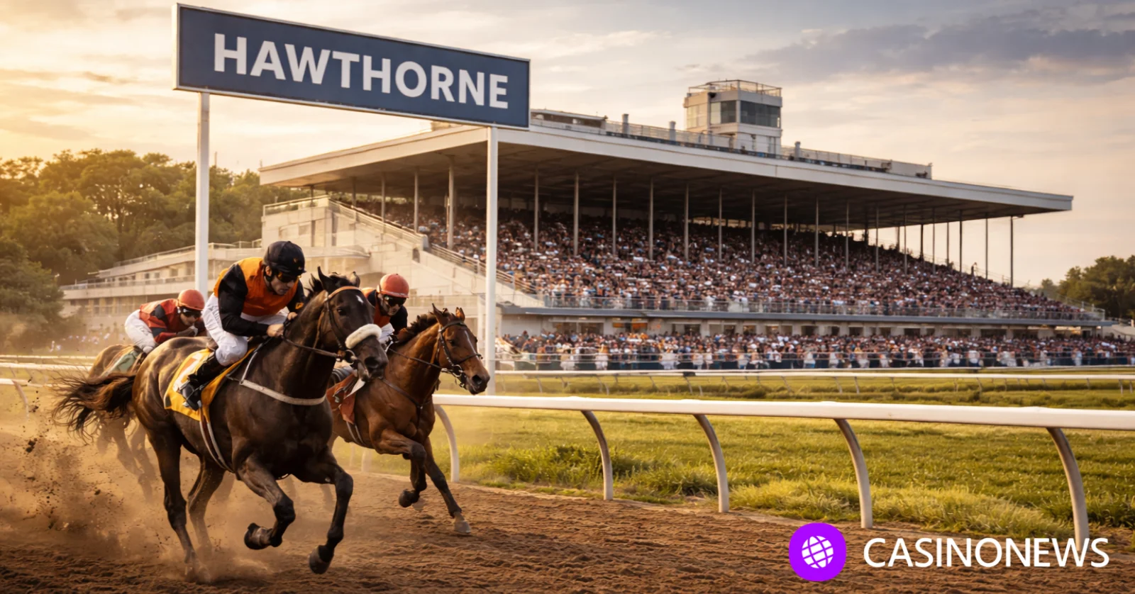 Hawthorne Race Course grandstand and dirt track during a live horse race in Illinois