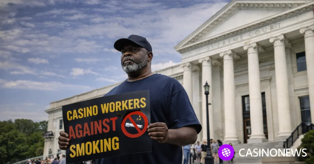 Casino worker standing outside the New Jersey Supreme Court building during smoking exemption dispute