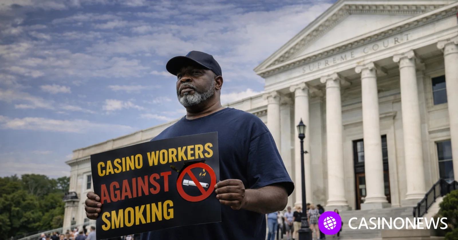 Casino worker standing outside the New Jersey Supreme Court building during smoking exemption dispute
