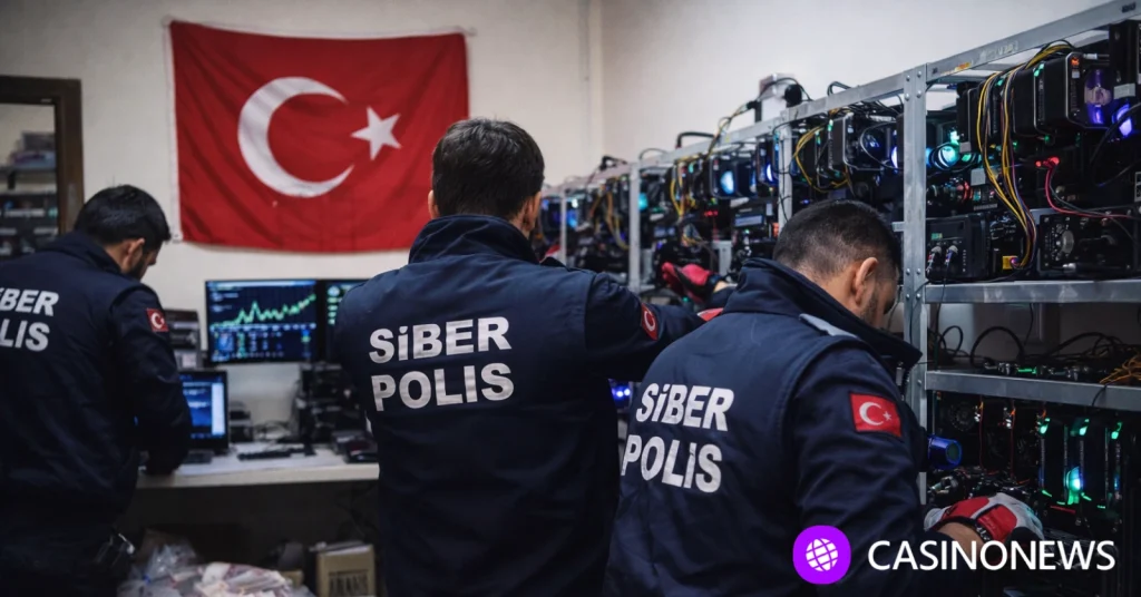 Cyber police officers examining server racks in a room with seized cash on the floor and a Turkish flag on the wall.
