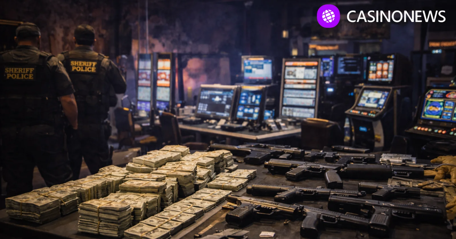 Interior of an illegal storefront casino in Northern California with seized cash and gambling machines