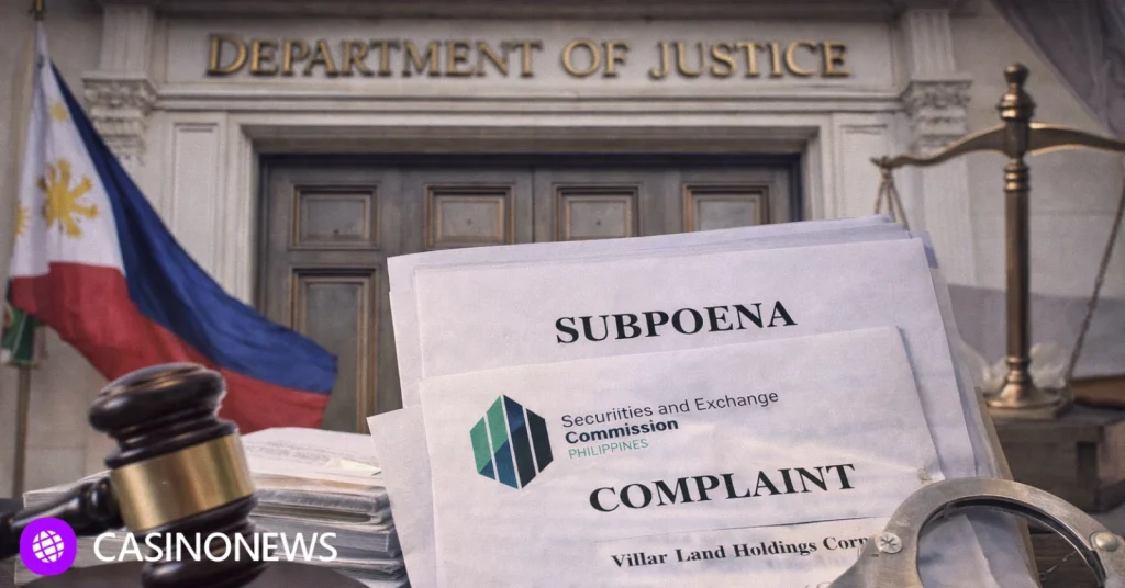 Subpoena and SEC complaint documents on a desk with a gavel and handcuffs in front of a justice building backdrop.