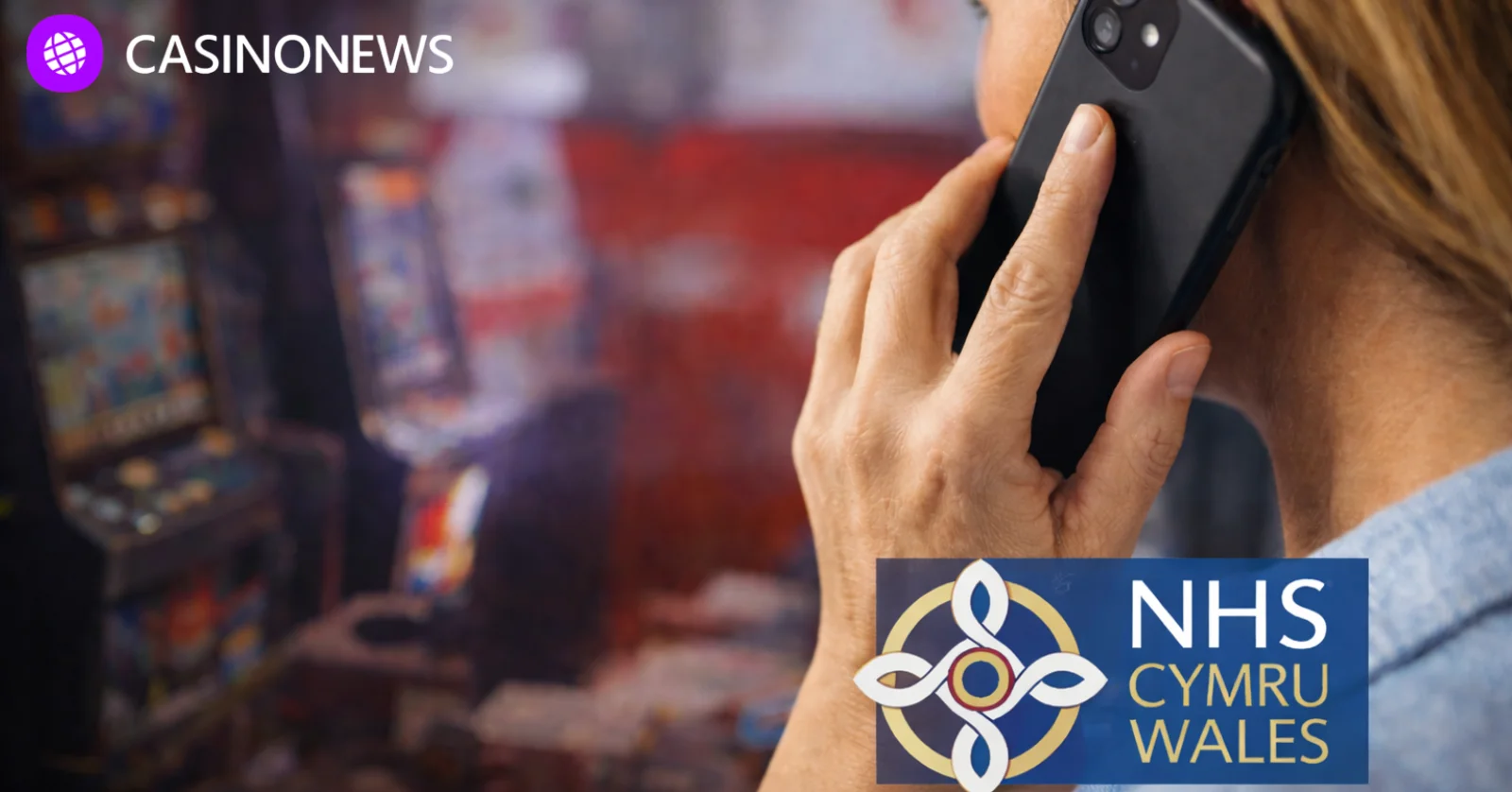 Person speaking on a phone for gambling support with casino machines blurred in background