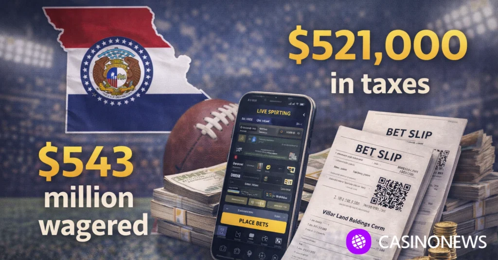 Infographic showing Missouri sports betting totals with a phone betting screen, bet slips, cash stacks, and coins.