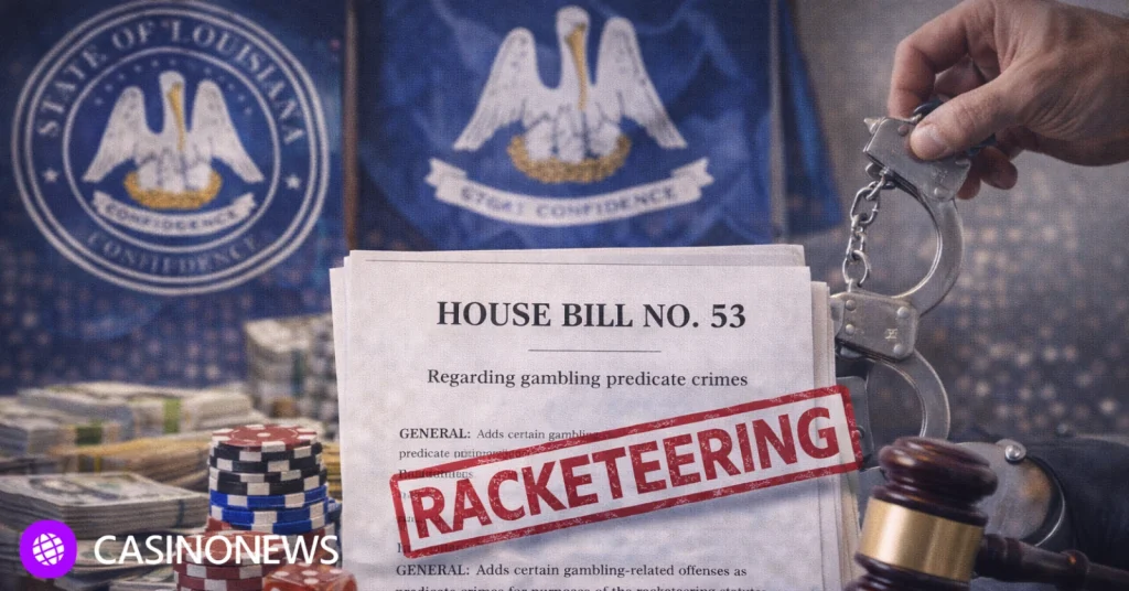 House bill document with a racketeering stamp beside a gavel, handcuffs, cash, and gaming tokens.