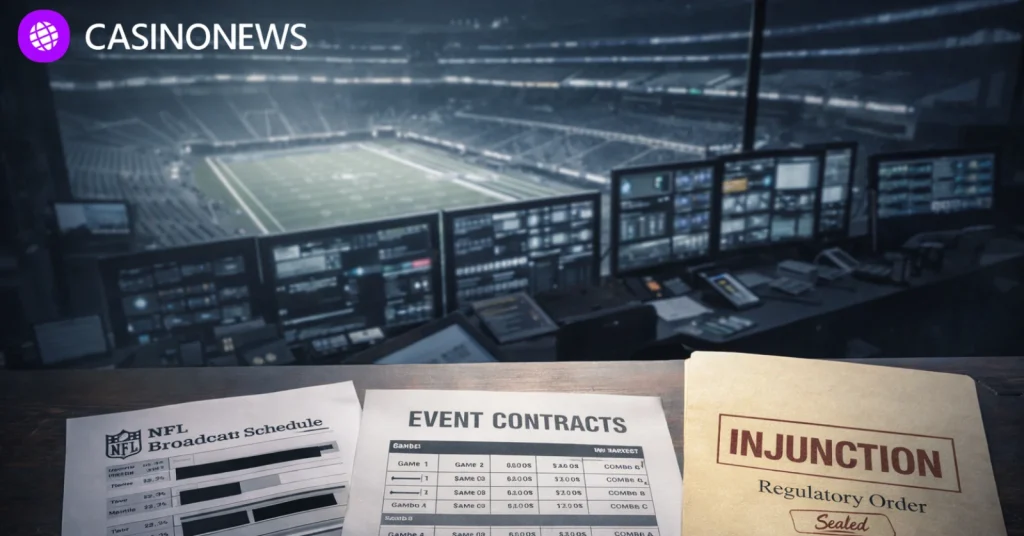 Stadium control room view with papers labeled event contracts and an injunction order on a desk.