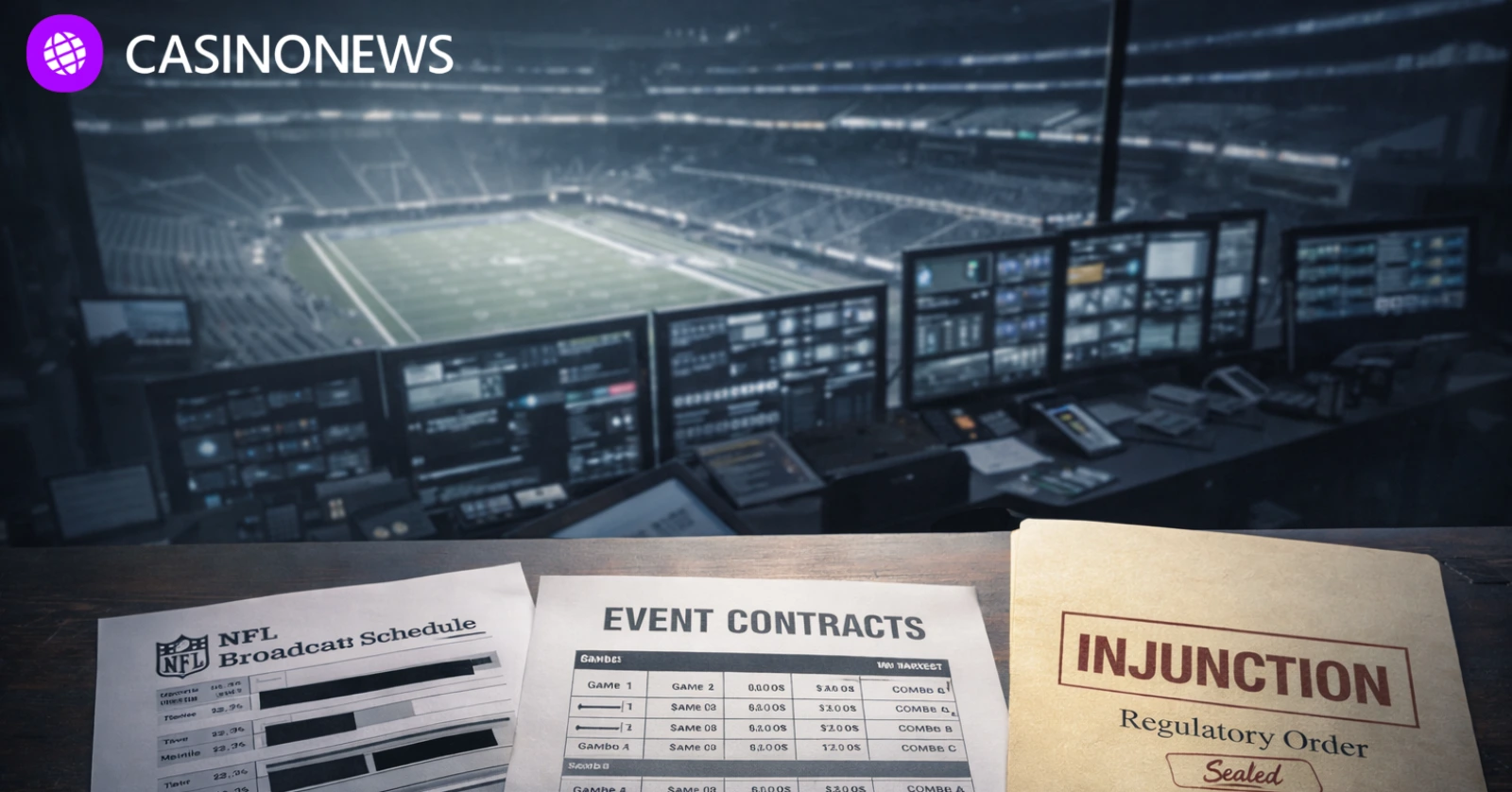 Stadium control room view with papers labeled event contracts and an injunction order on a desk.