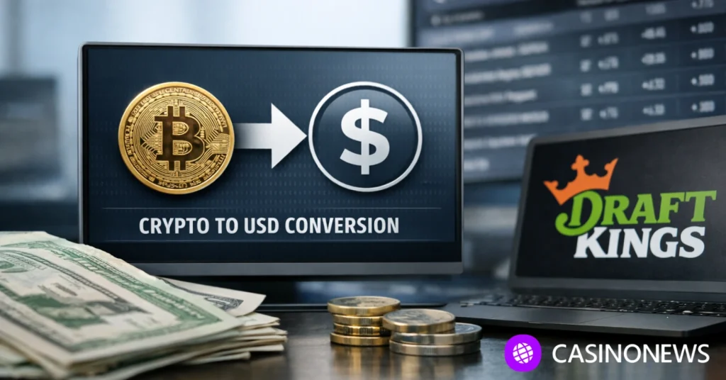 Laptop screen showing crypto-to-USD conversion next to a DraftKings logo, with cash and coins on a desk