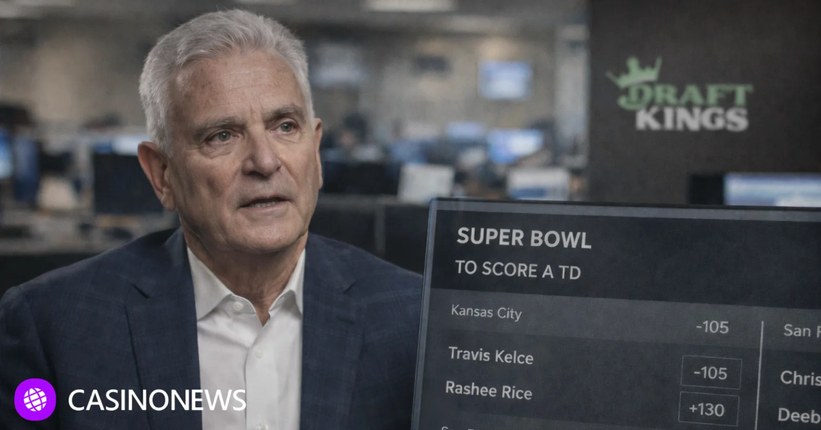 Johnny Avello in an office setting beside a Super Bowl prop betting board, with DraftKings branding blurred in the background.