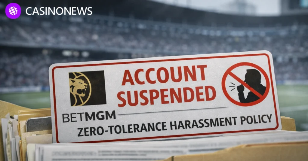 File folder labeled as a BetMGM account suspension notice in front of an empty sports stadium backdrop