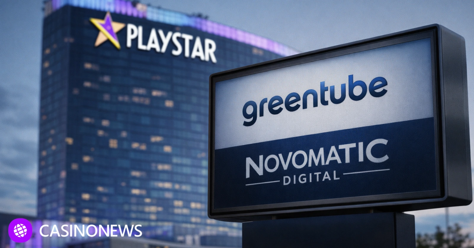 Modern casino building with PlayStar signage in the background and a Greentube sign in the foreground at dusk
