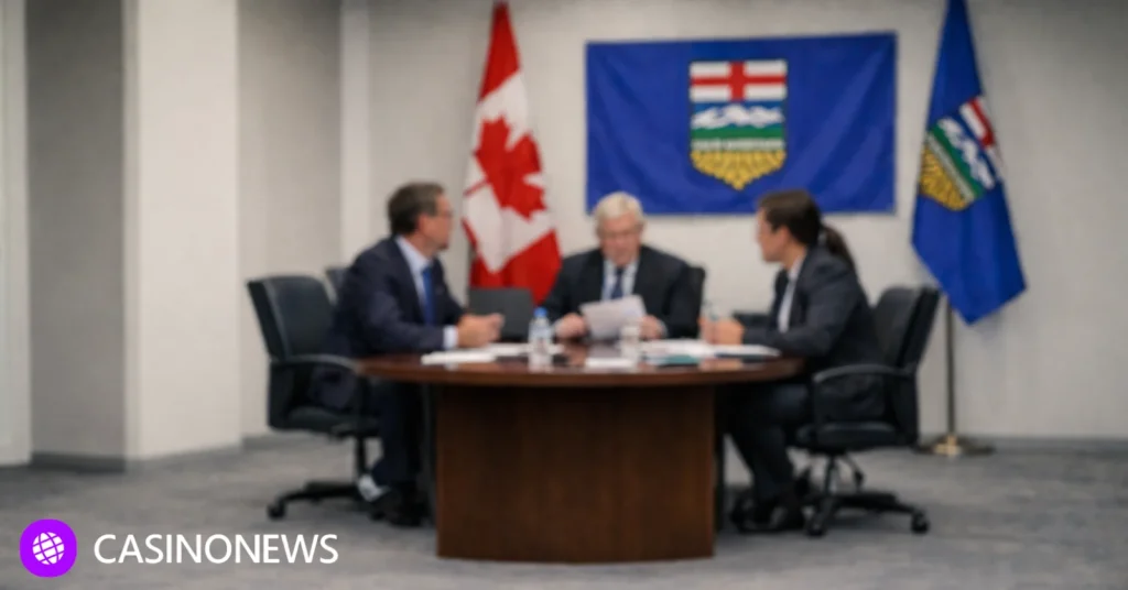Alberta officials meet in a government boardroom as the province moves ahead with iGaming operator pre-registration before launching a regulated online gambling market.