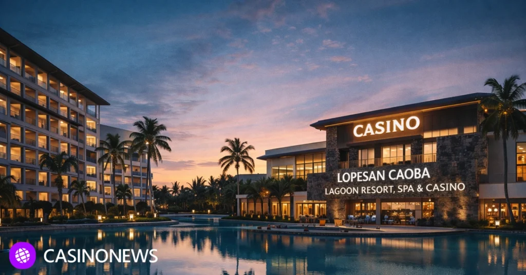 Twilight view of a Punta Cana resort complex with palm trees, a lagoon-style pool, and a casino building entrance