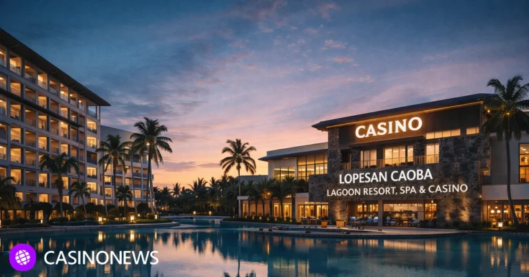 Twilight view of a Punta Cana resort complex with palm trees, a lagoon-style pool, and a casino building entrance