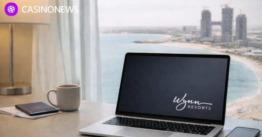 Remote work setup overlooking Wynn Al Marjan Island in Ras Al Khaimah, illustrating Wynn Resorts’ contingency measures for UAE-linked staff amid regional tensions.