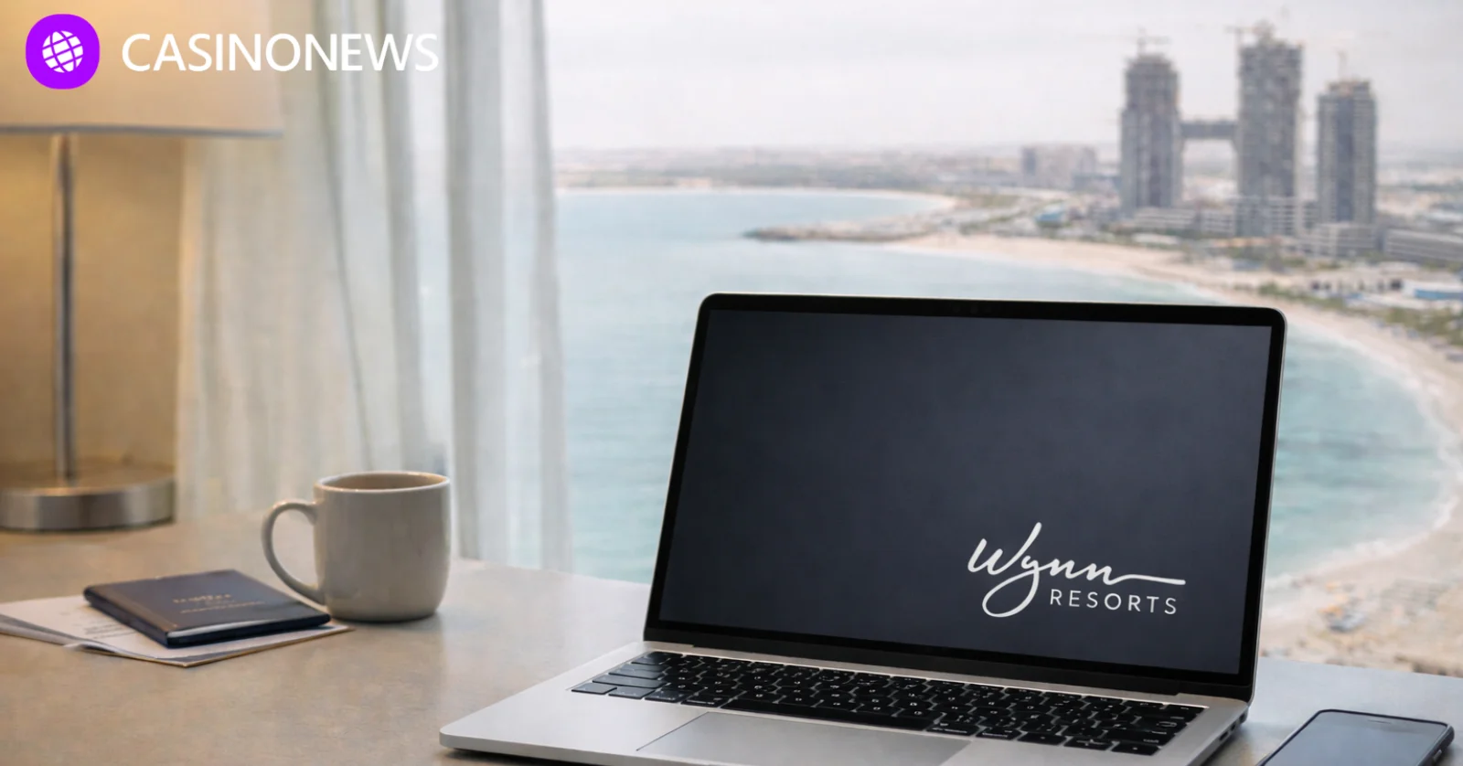 Remote work setup overlooking Wynn Al Marjan Island in Ras Al Khaimah, illustrating Wynn Resorts’ contingency measures for UAE-linked staff amid regional tensions.