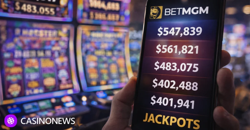Smartphone screen showing multiple jackpot amounts next to BetMGM branding, with blurred casino slot machines in the background
