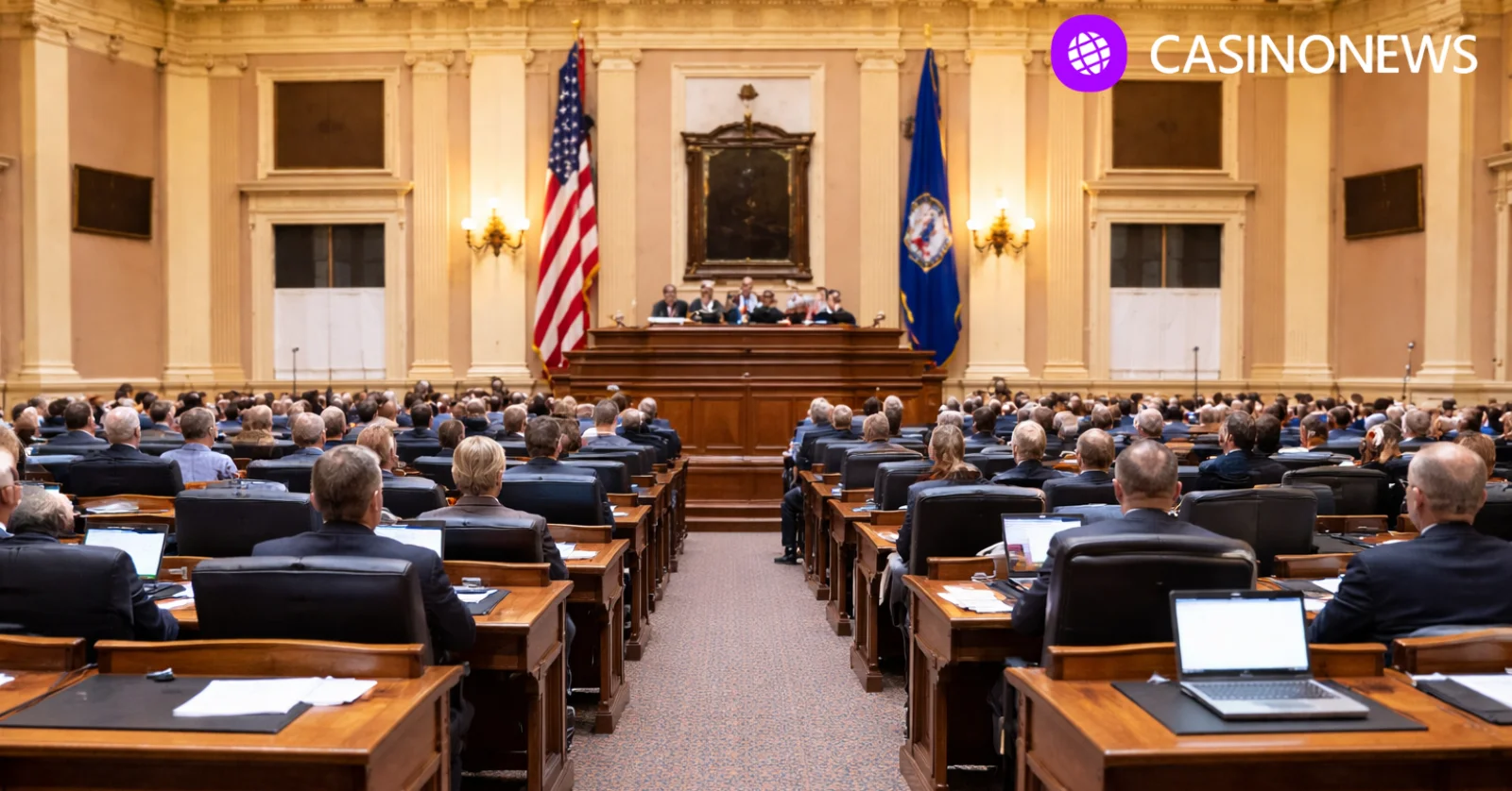 Virginia House chamber during a legislative session, illustrating lawmakers advancing competing gambling expansion bills before conference negotiations.