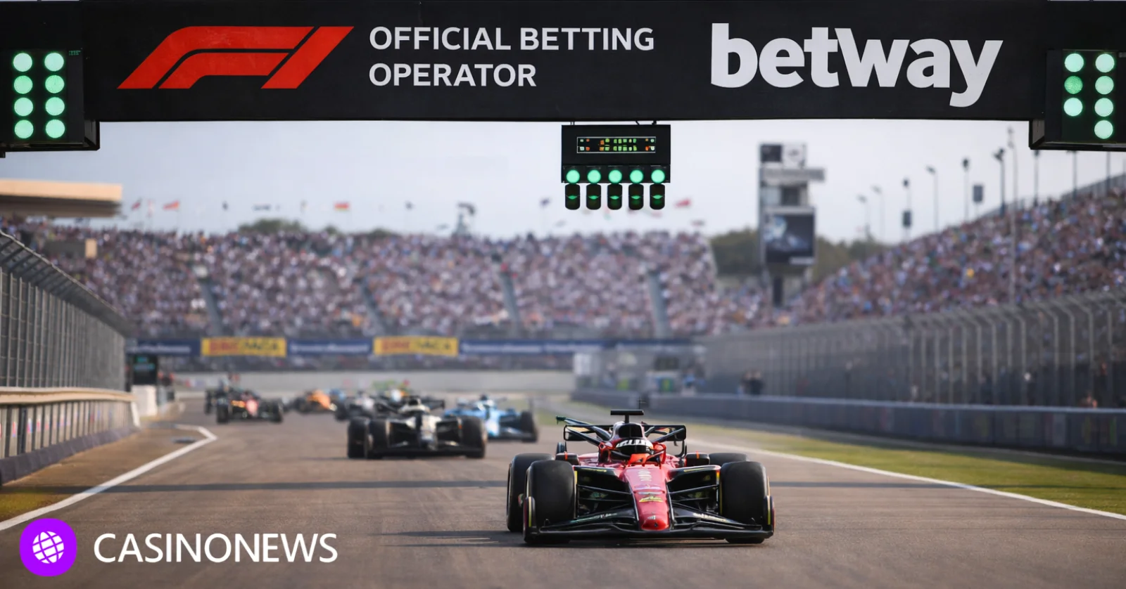 Formula 1 cars race beneath Betway branding, illustrating Formula 1’s new official betting operator partnership starting in 2026.