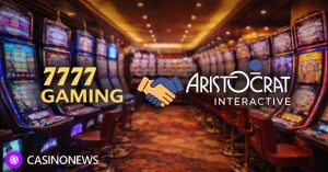 7777 Gaming and Aristocrat Interactive logos with a handshake icon over a casino floor lined with slot machines