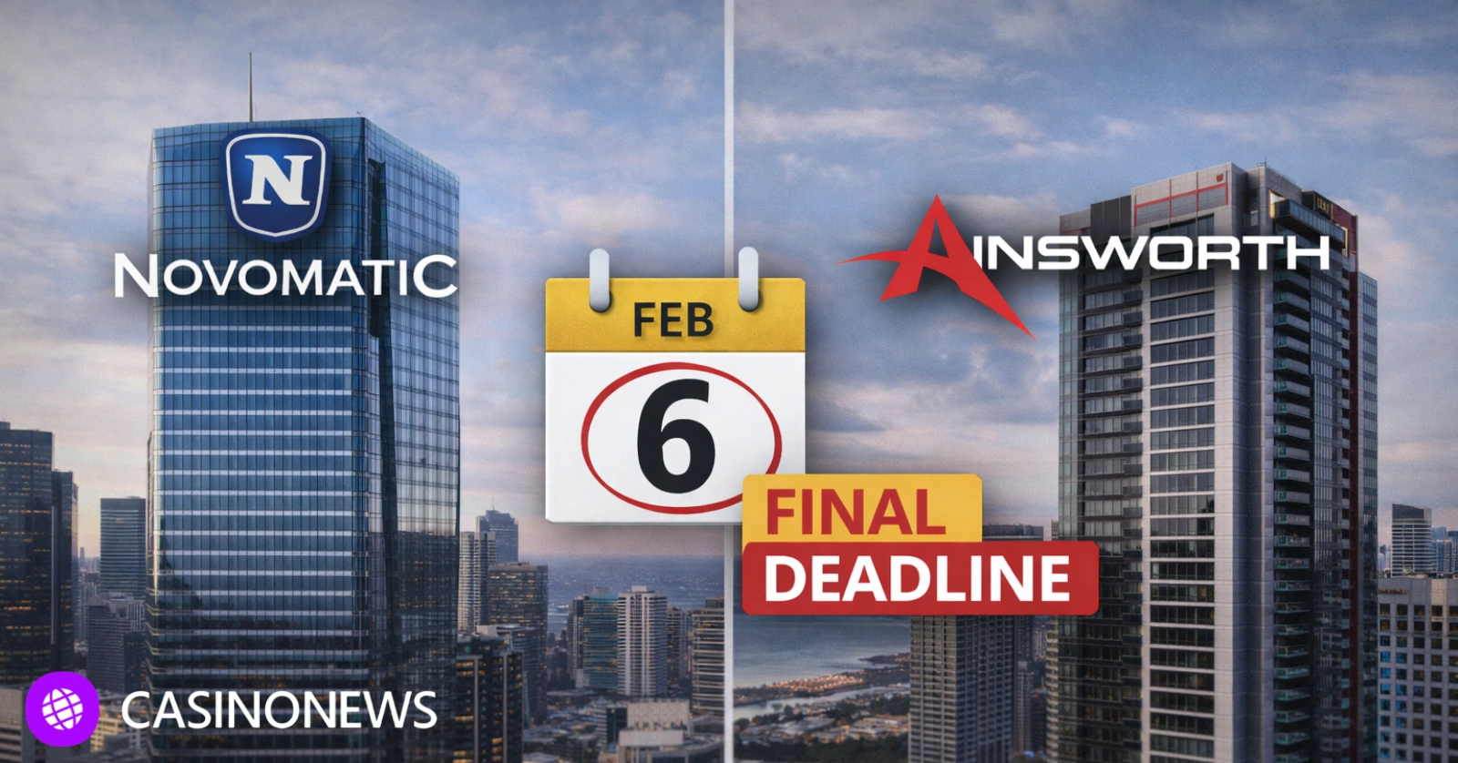 Two modern office towers representing Novomatic and Ainsworth with a calendar icon marking February 6 in a city skyline