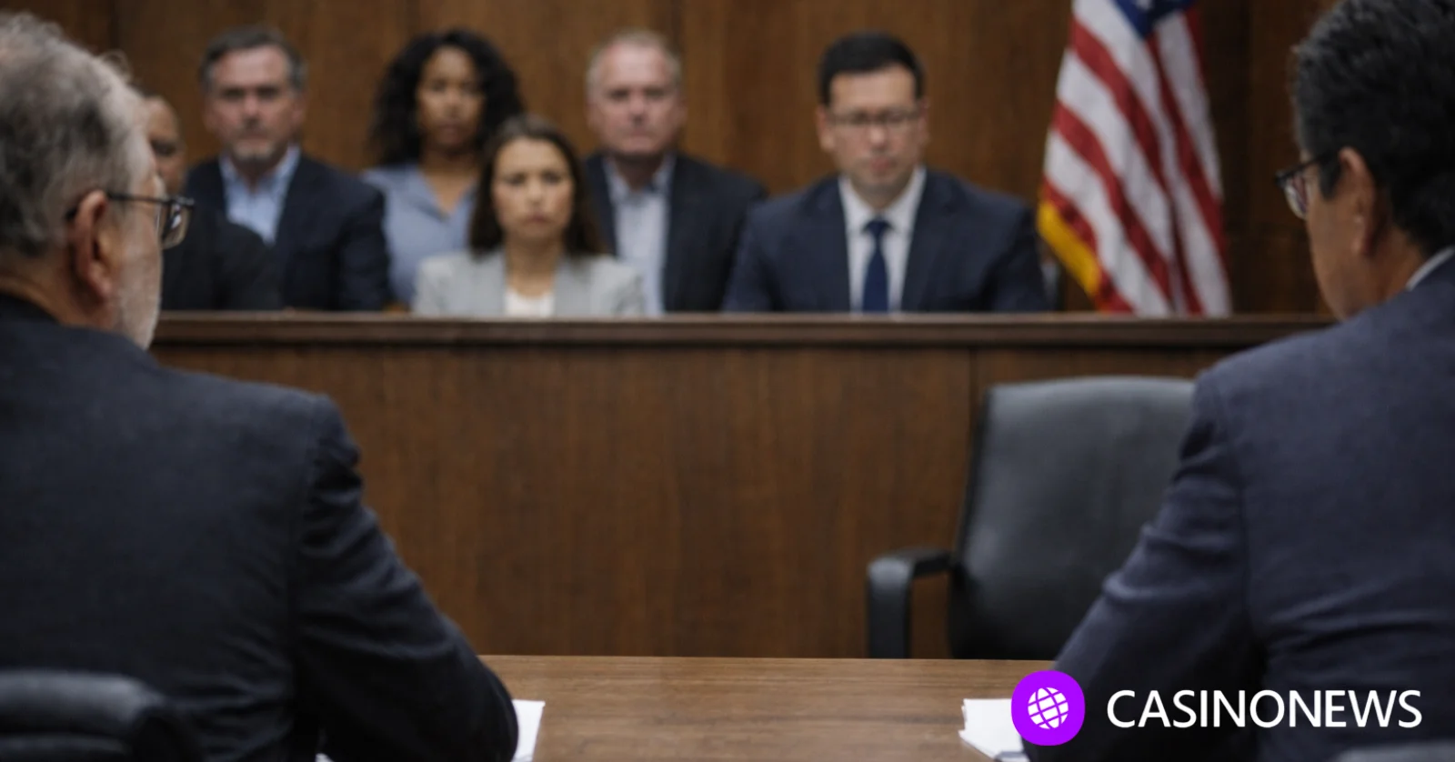 Wood-paneled courtroom with empty defense table and jury