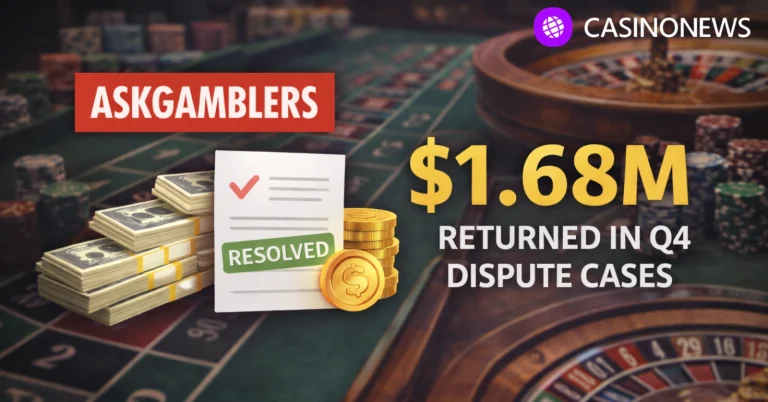 AskGamblers dispute graphic over a roulette and gaming table background with stacks of cash and a resolved document icon