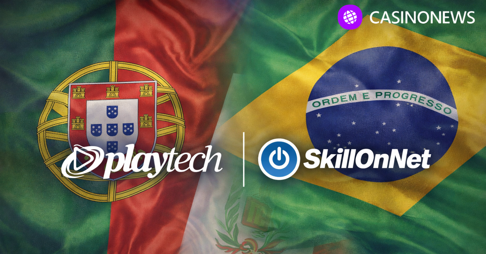 Playtech and SkillOnNet logos over market-themed country flags, illustrating the expansion of their casino and bingo partnership across Portugal, Brazil, Greece, and Peru.