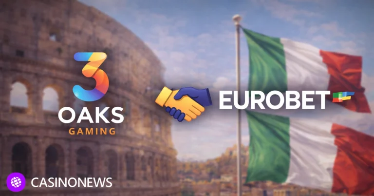 3 Oaks Gaming and Eurobet logos over a blurred Colosseum backdrop with an Italian flag, symbolizing a regulated market partnership